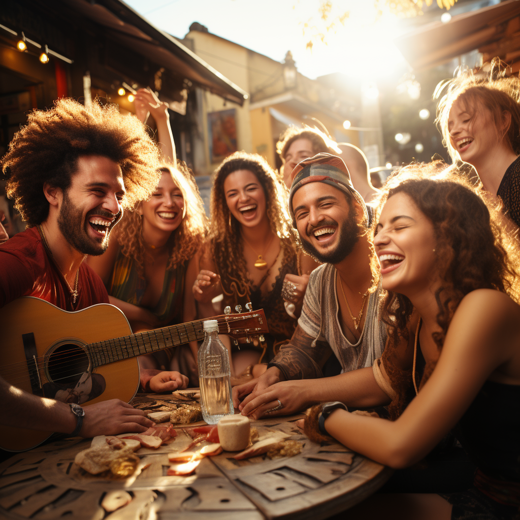 Friends playing music and dancing at Brazil bar.