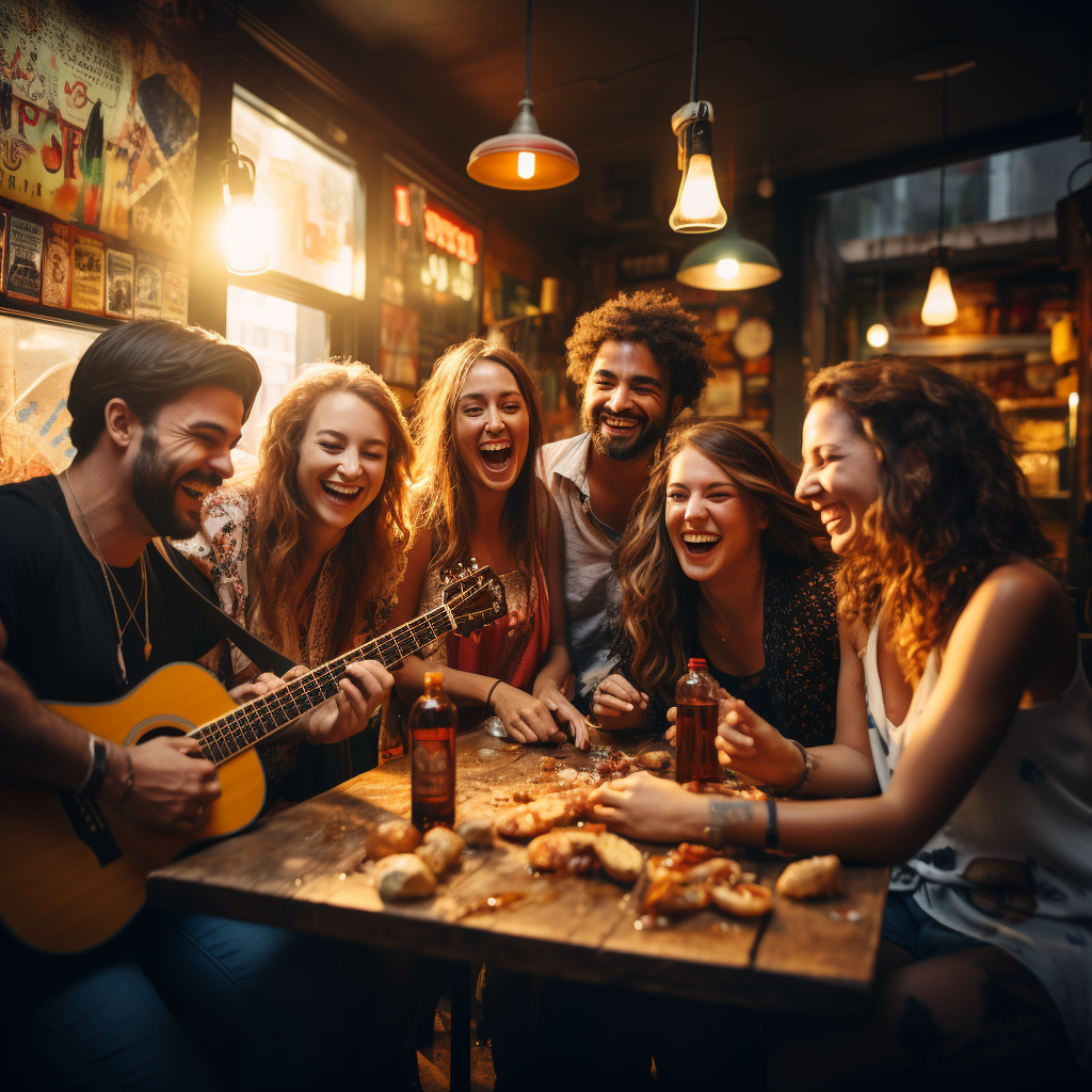 Friends playing music at bar in Brazil.