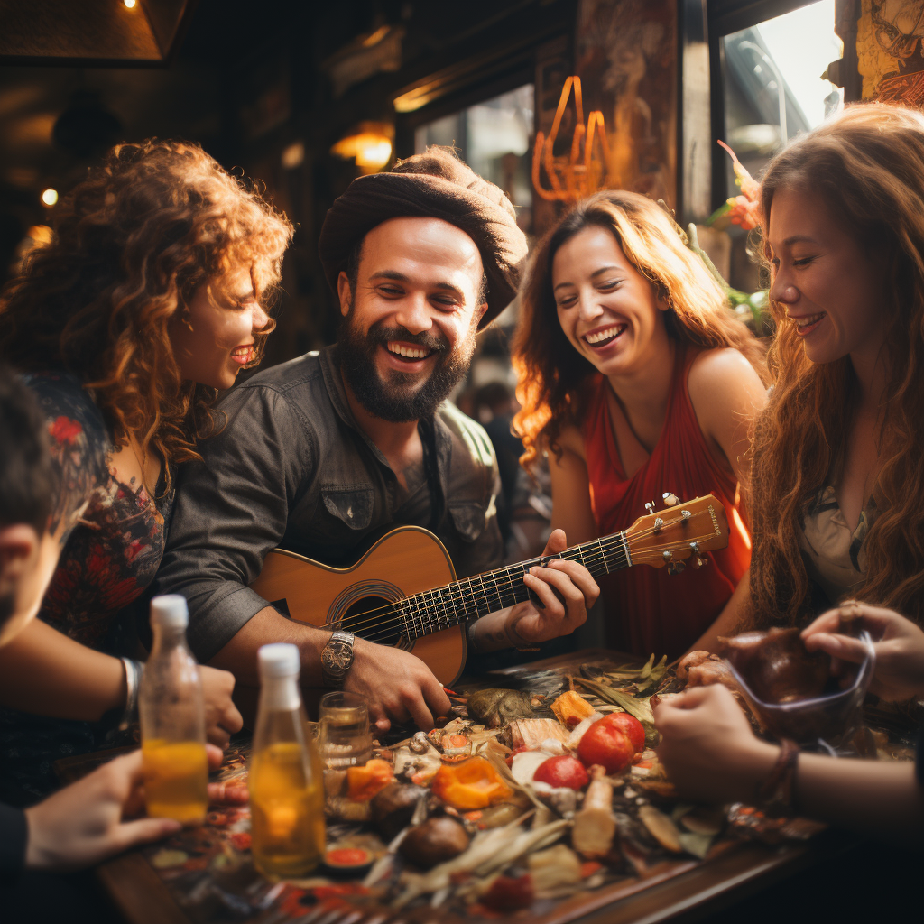 Friends playing music for dancing girls at bar.