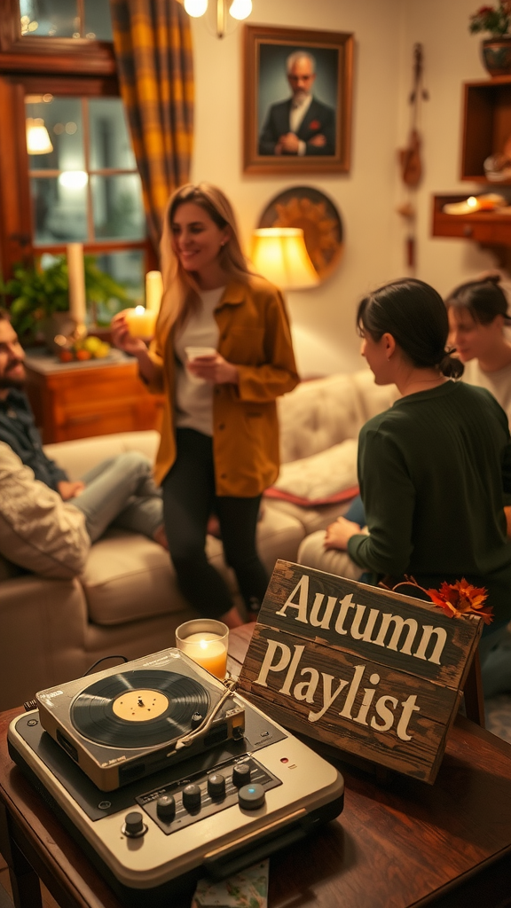 Friends relax at cozy Thanksgiving gathering with music.