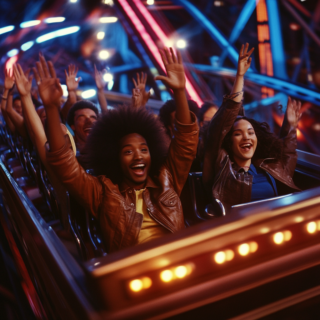 Friends ride a roller coaster at night