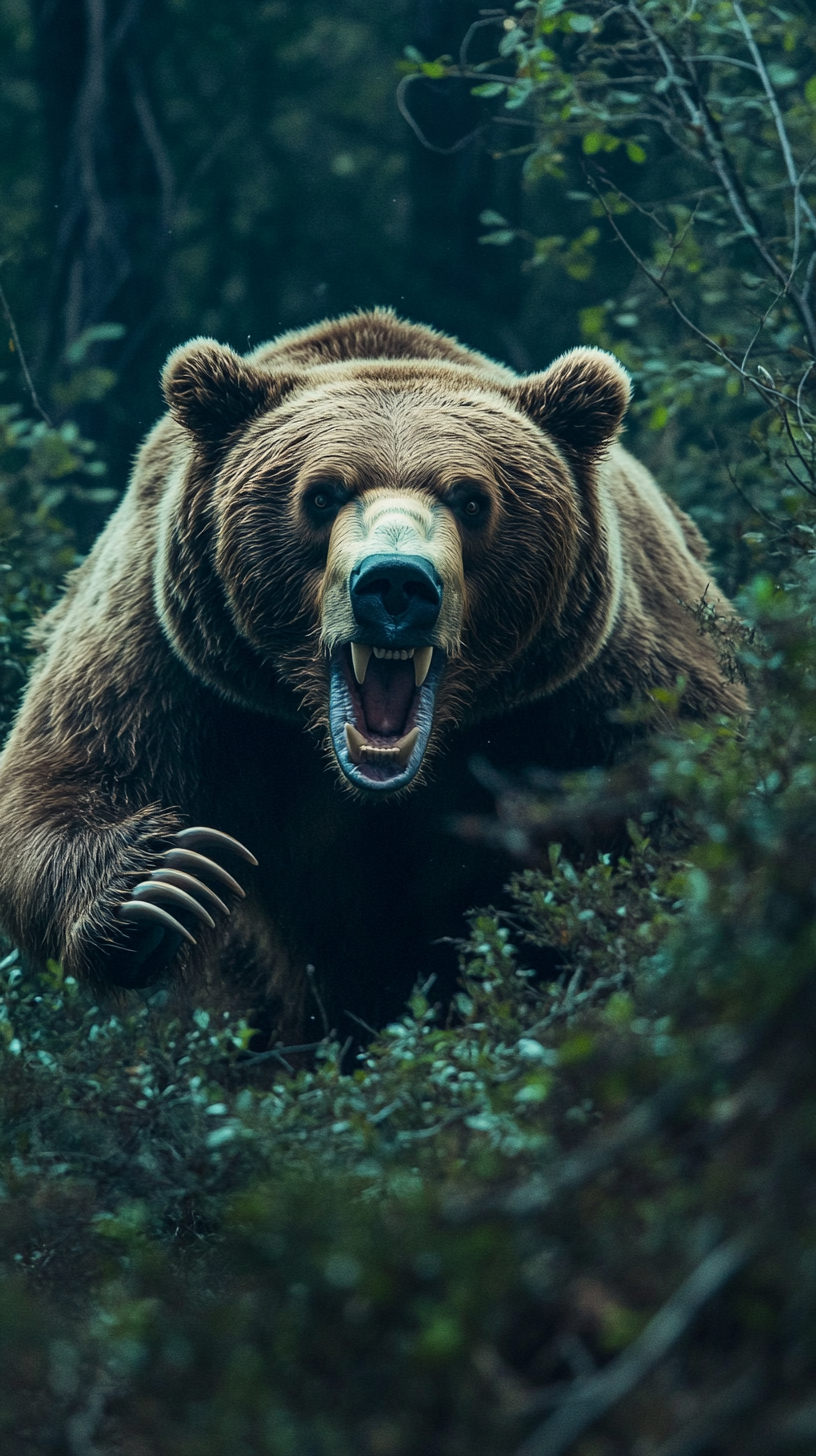 Frightening Brown Bear Attacks in Gloomy Forest