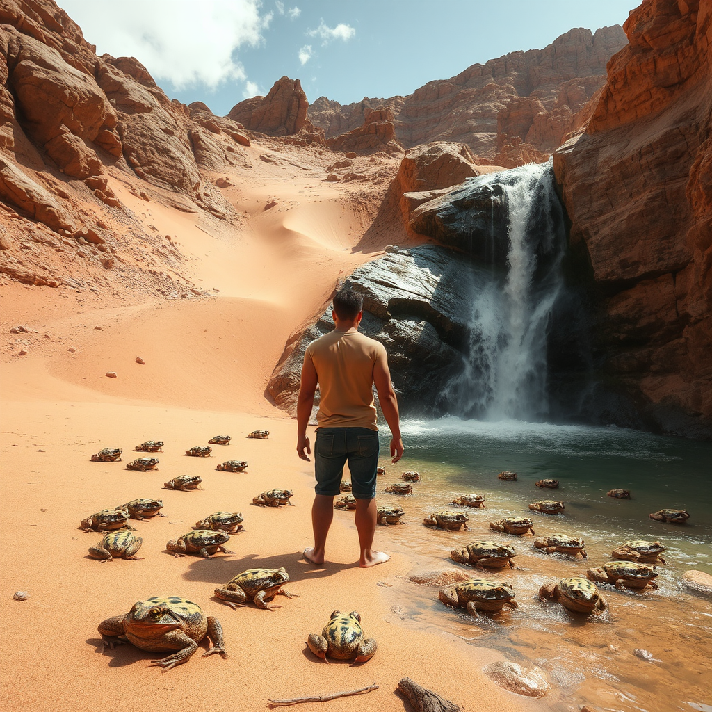 Frogs cascade down on person in sandy desert