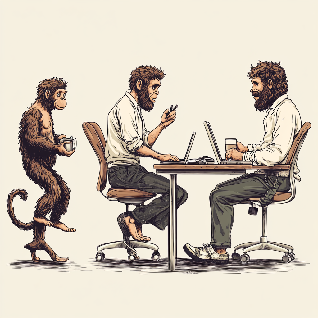 From ape to person working from home humorously.