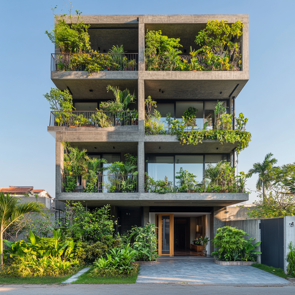 Front view of 8-story building, penthouse on top.