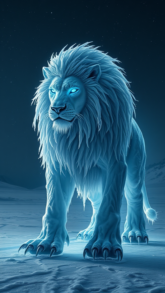 Frozen Lion Guardian in Snowy Wasteland