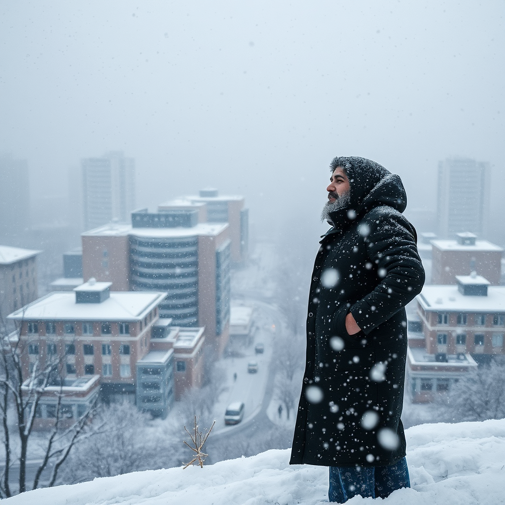 Frozen Tehran: Iranian man standing in snowstorm.