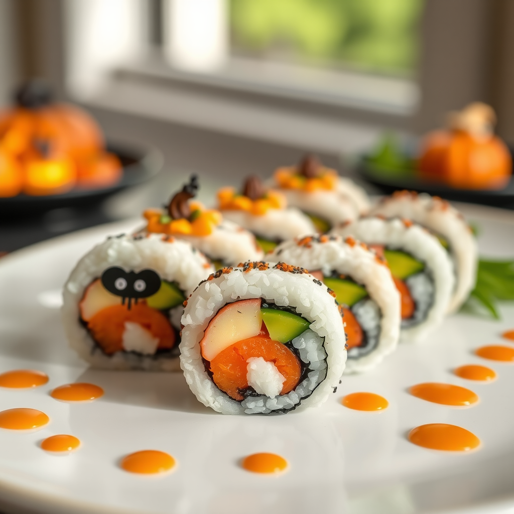 Fun Halloween sushi rolls with classy plating.