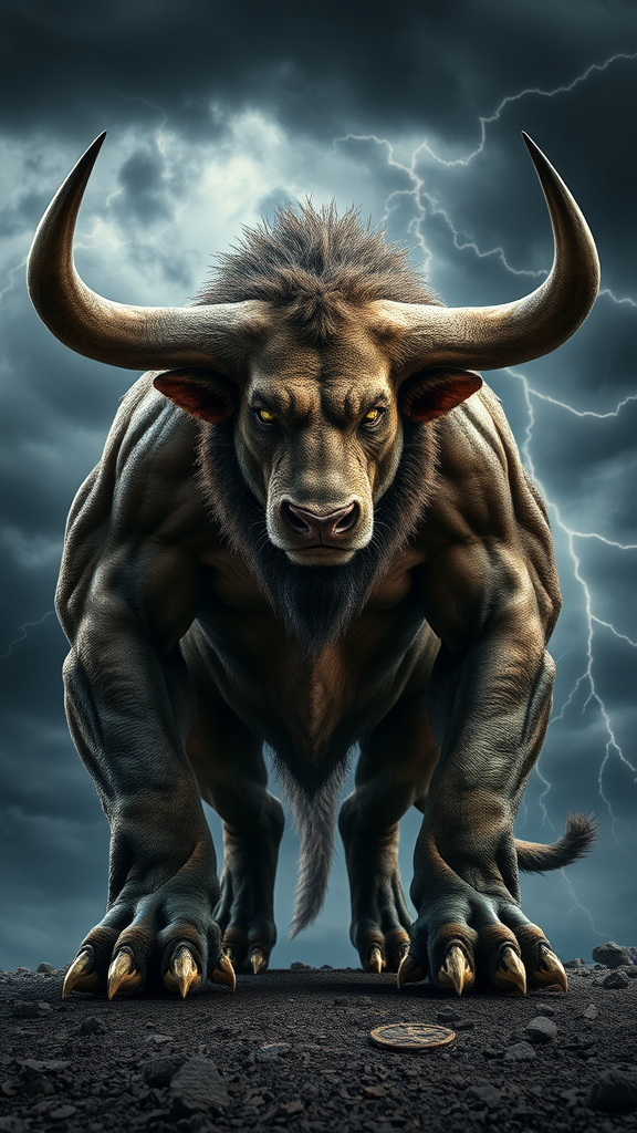 Furious Lion-Bull Hybrid in Stormy Sky