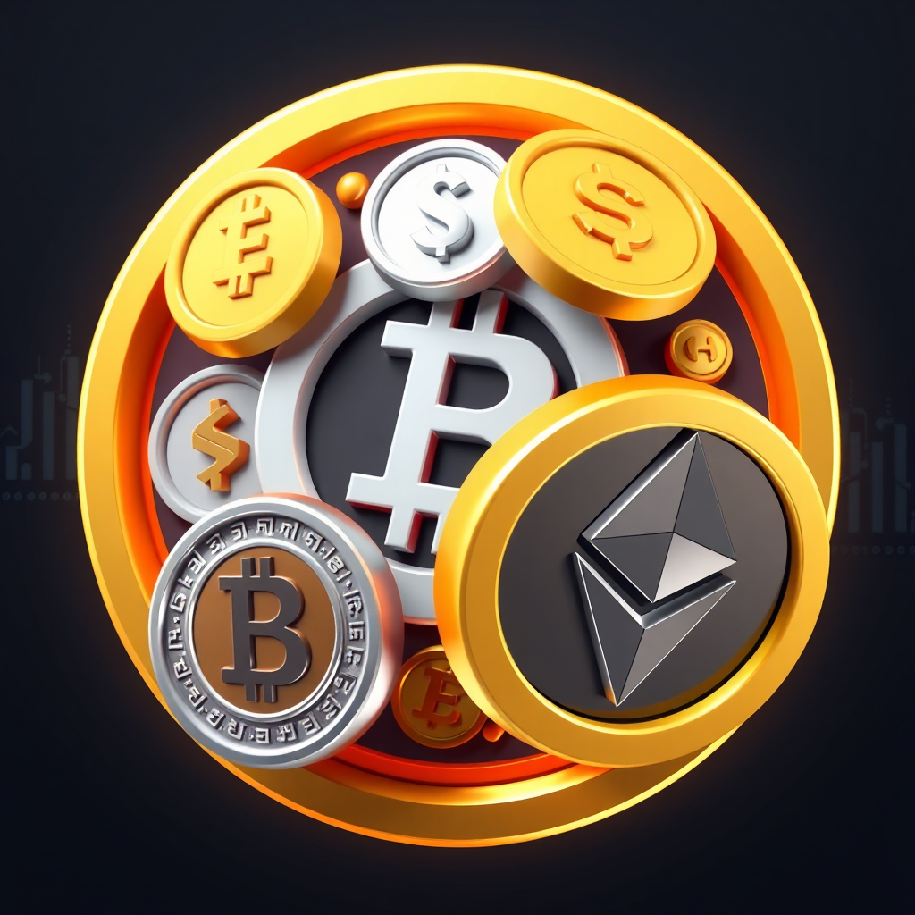 Futuristic 3D cryptocurrency icons of Bitcoin and Ethereum.