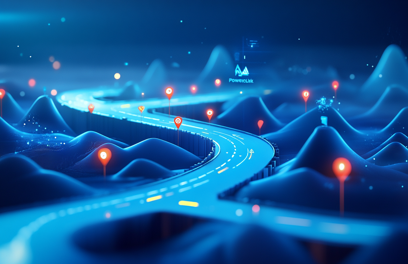 Futuristic 3D roadmap banner with milestones markers.