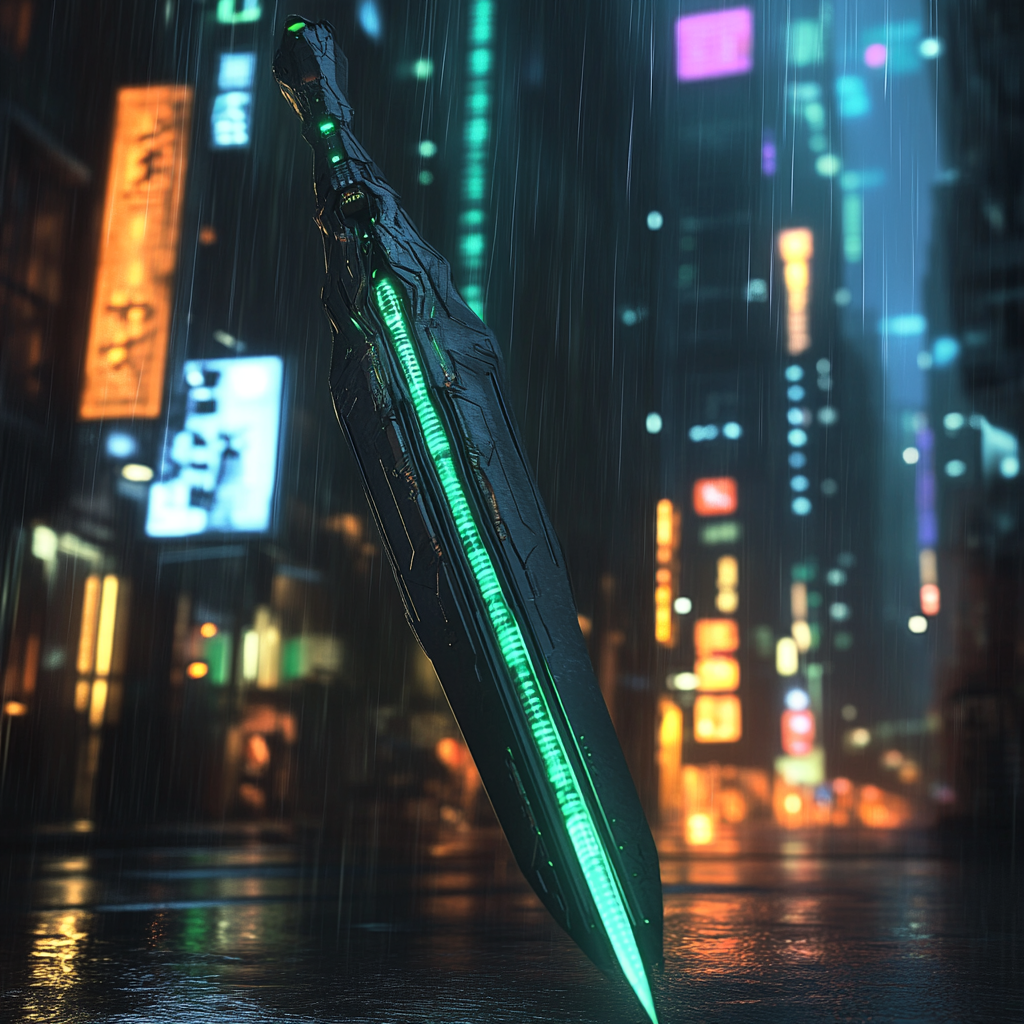 Futuristic Black Spear Glowing Green in Neon City