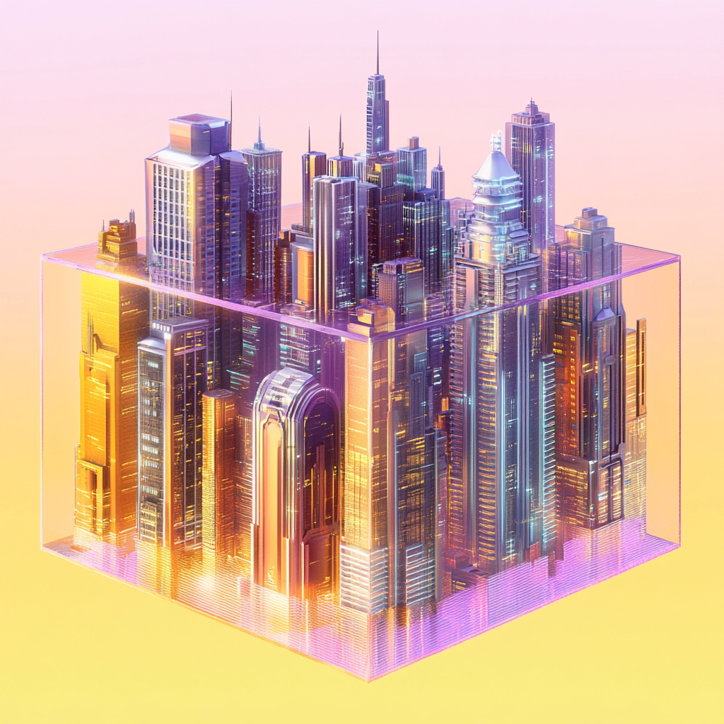 Futuristic Buildings in Colorful Transparent Cube