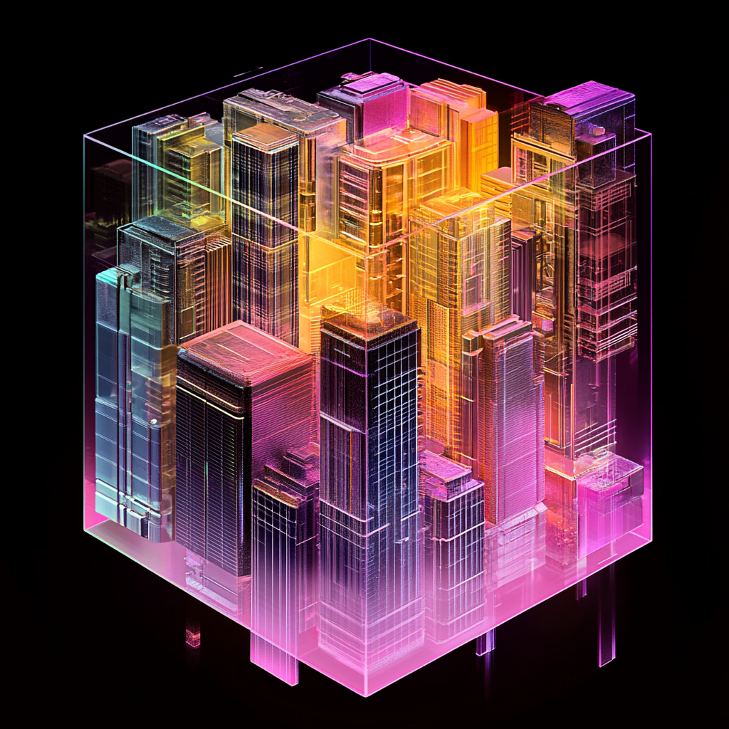 Futuristic Cityscape in Gradient Cube at Night