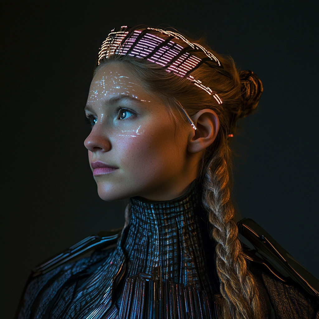 Futuristic Danish Woman with Metallic Braids and Crown