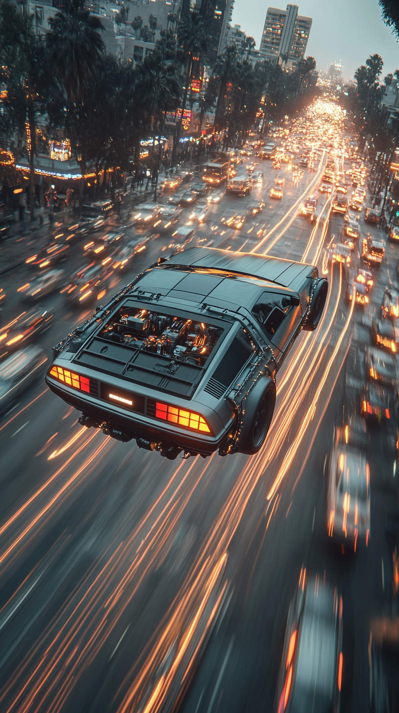 Futuristic DeLorean spaceship soaring over city at twilight.