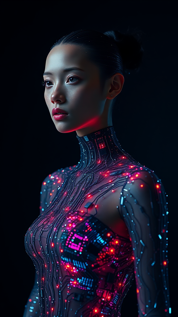 Futuristic Female Model in Metallic Circuit Boards