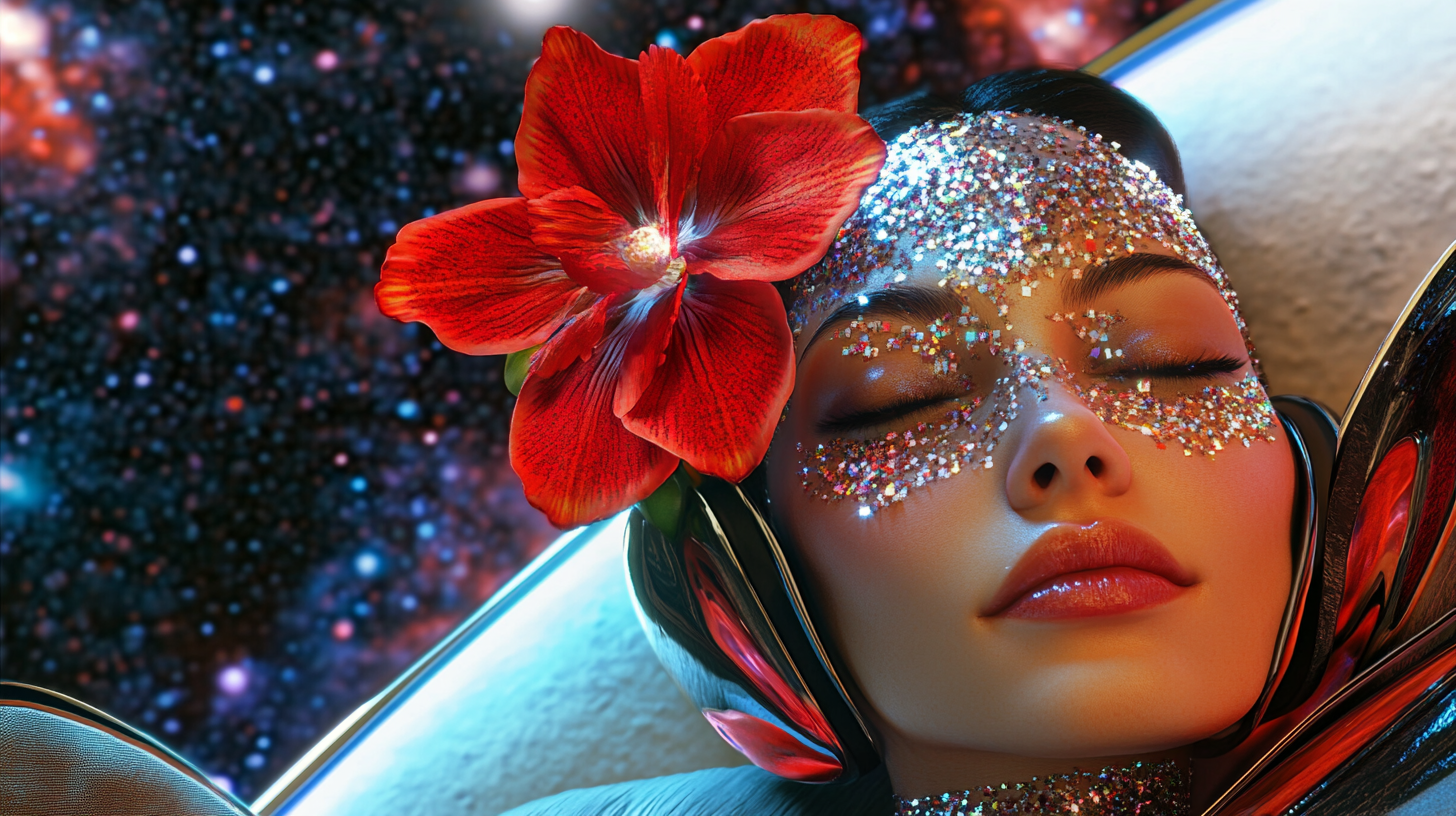 Futuristic Goddess with Red Flower on Venus Throne