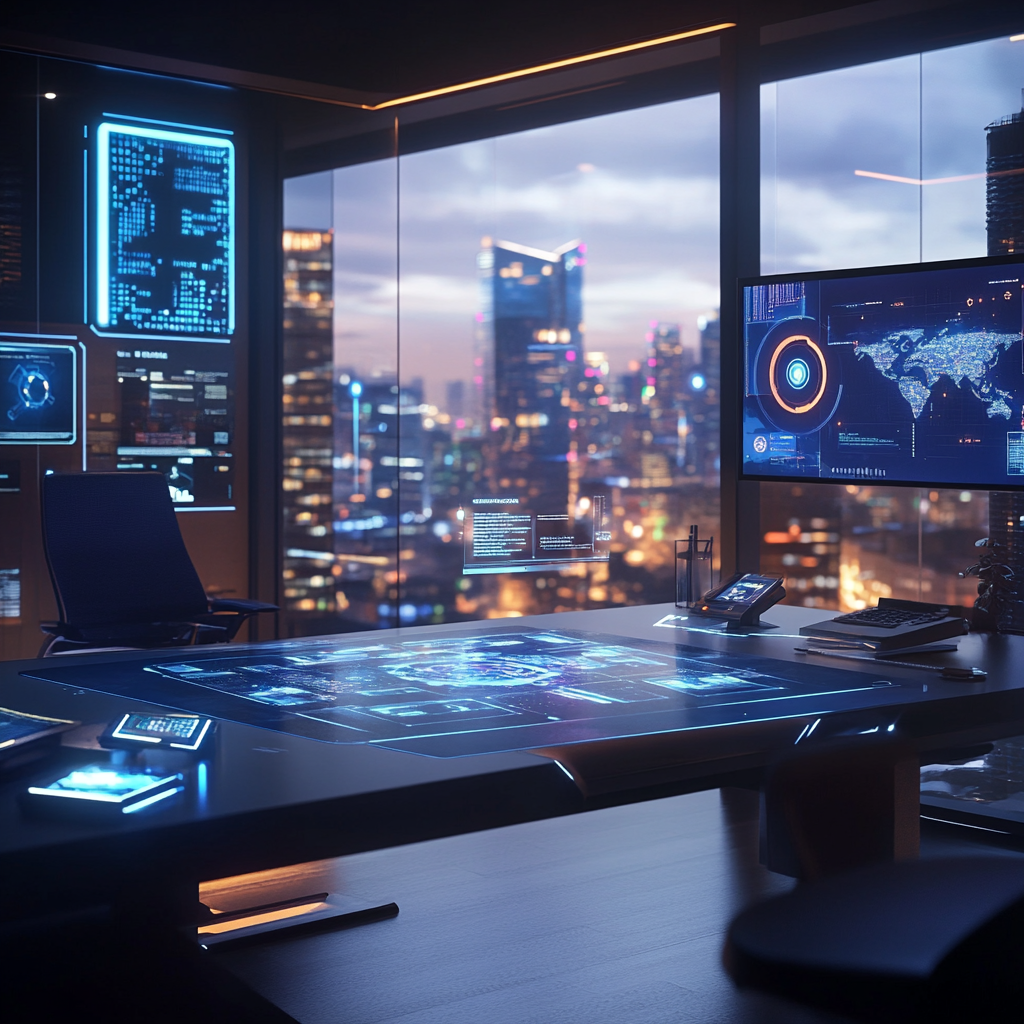 Futuristic Lawyer's Desk with Holographic Interface and AI Assistants 