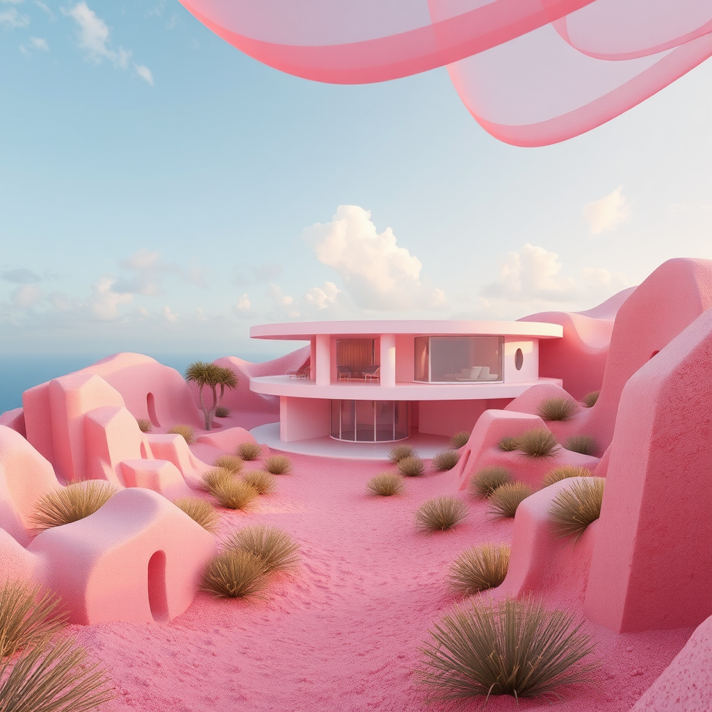 Futuristic Lunar House in Pink Tones: Surreal Landscape