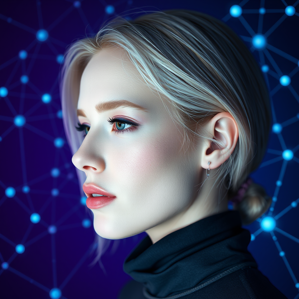 Futuristic Woman Amidst Glowing Blue Technological Constellation