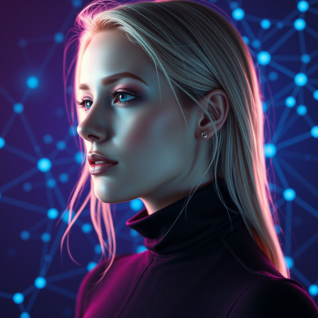 Futuristic Woman Amidst Glowing Technological Constellation