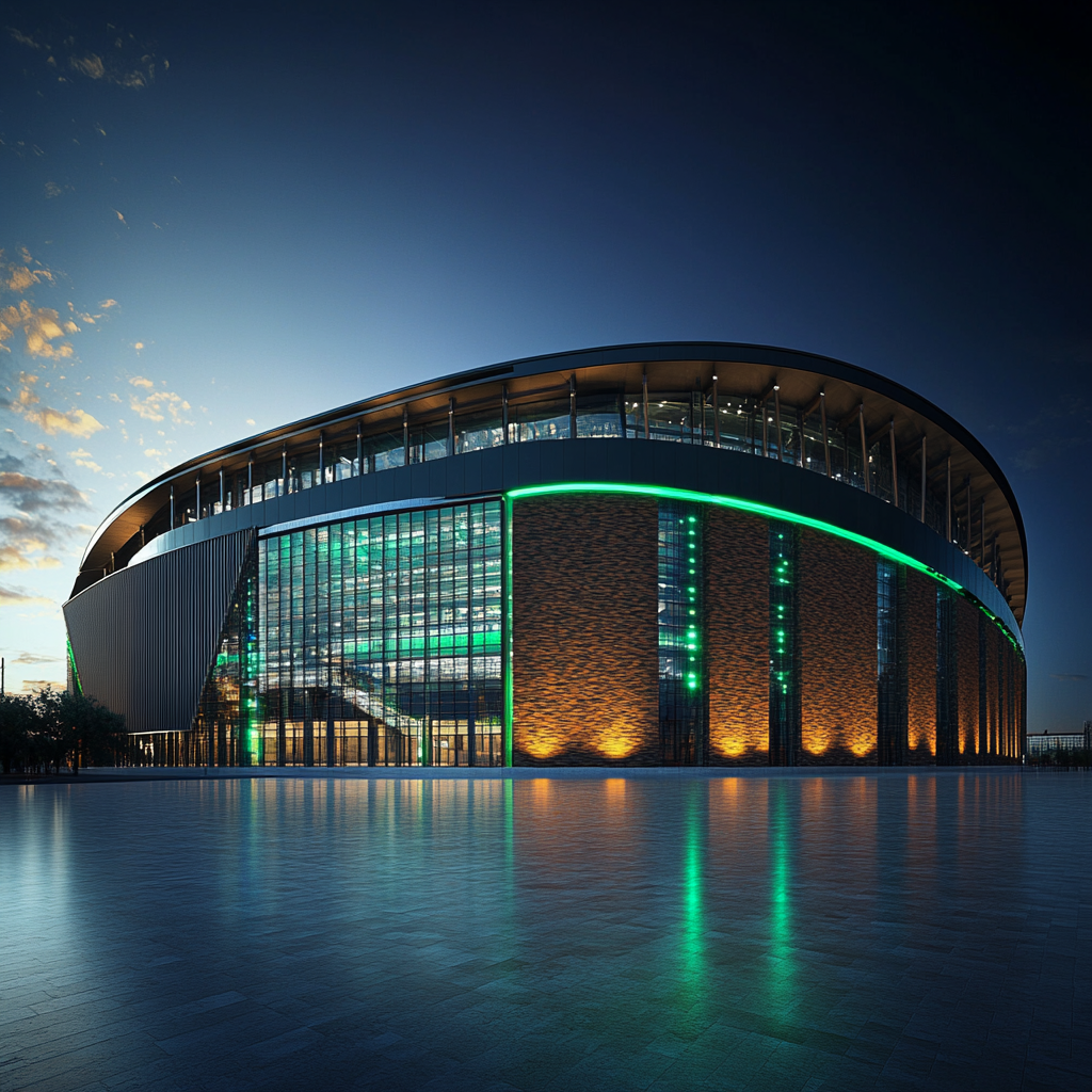 Futuristic arena with metal panels and glass atrium