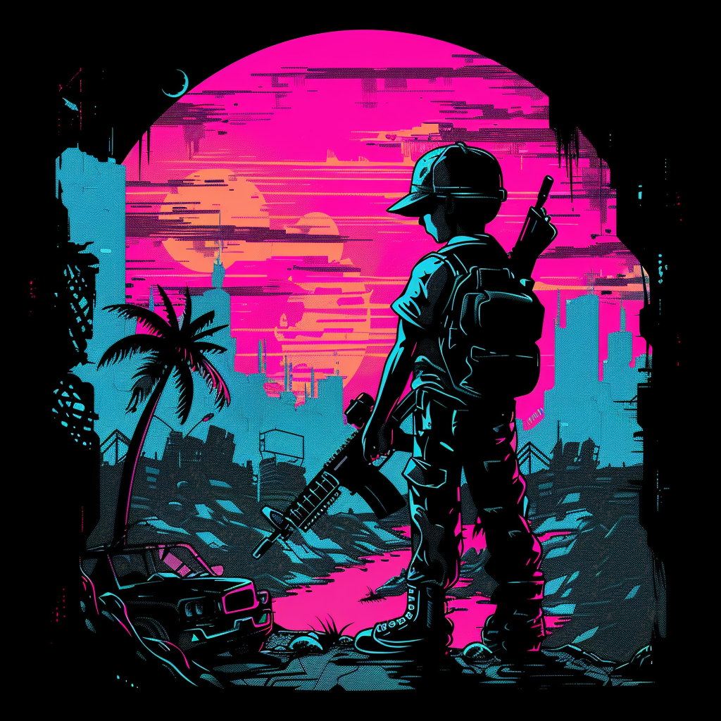 Futuristic child soldier in neon ruined city