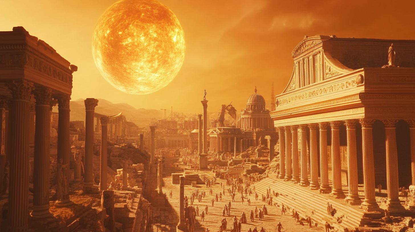 Futuristic city resembling Ancient Rome under red sun