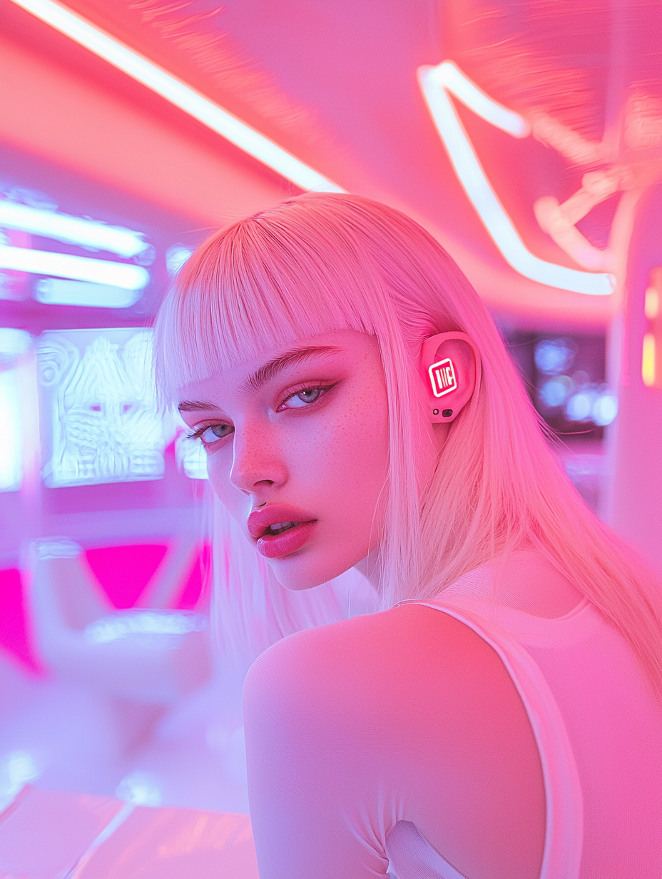 Futuristic female model in a club with neon colors