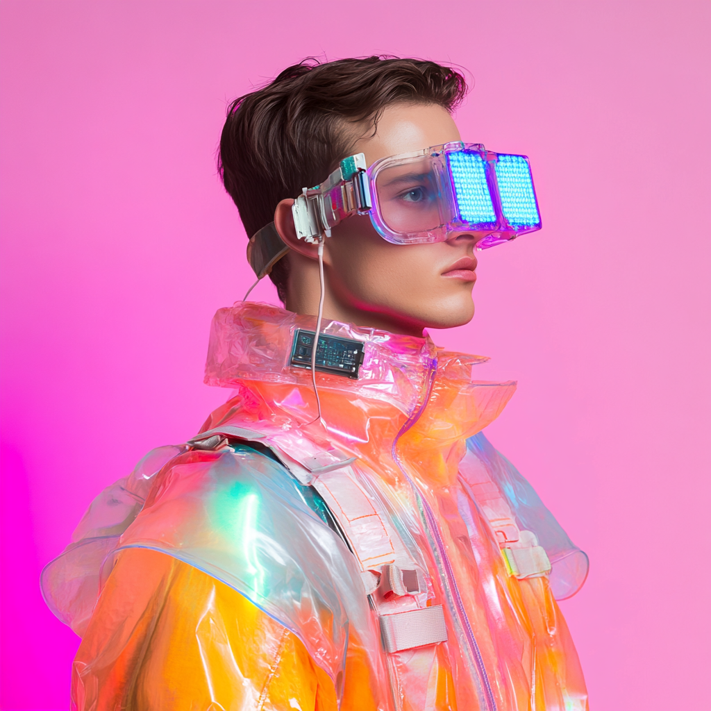 Futuristic fashion model wearing vibrant plastic outfit.