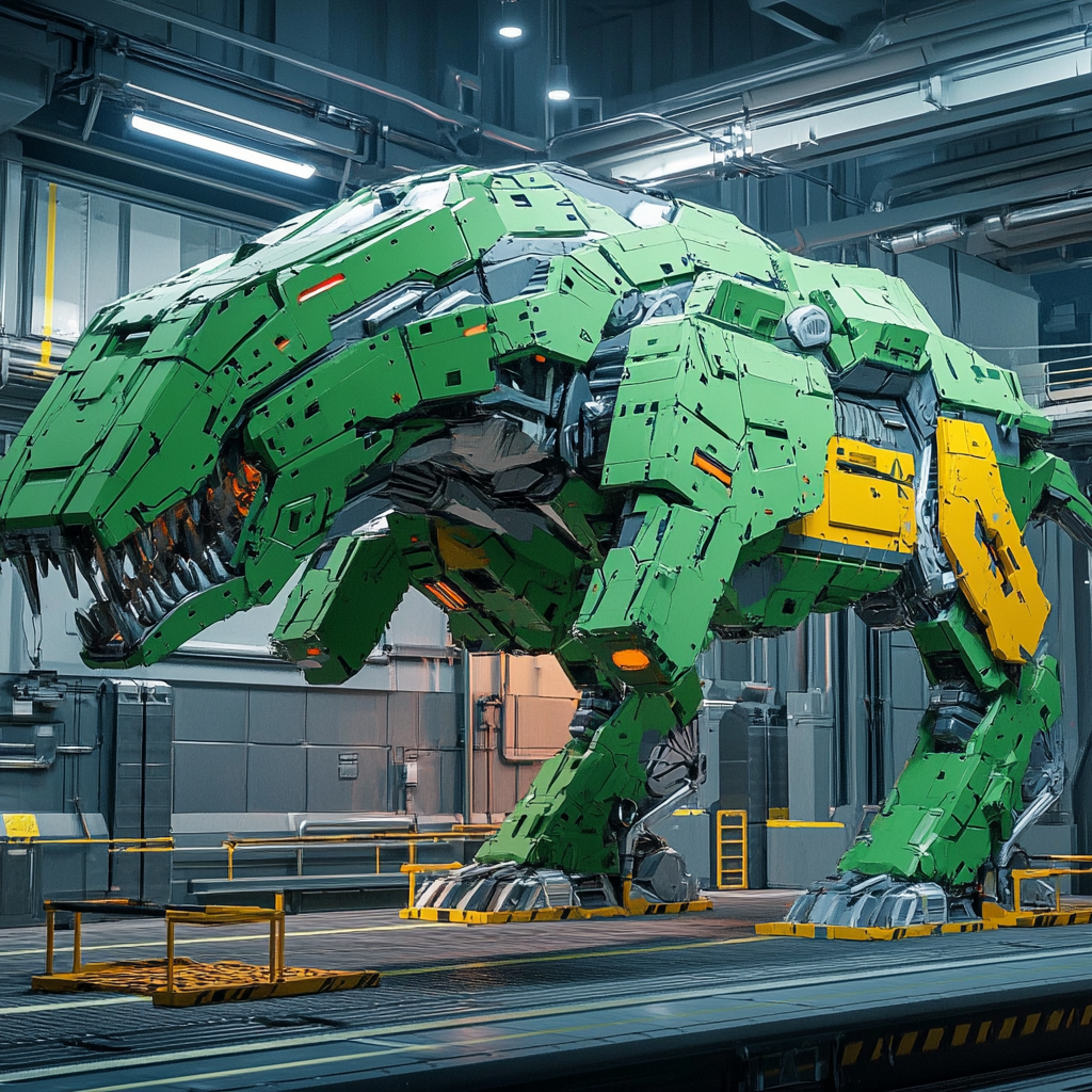 Futuristic green mech dinosaur prepared for launch