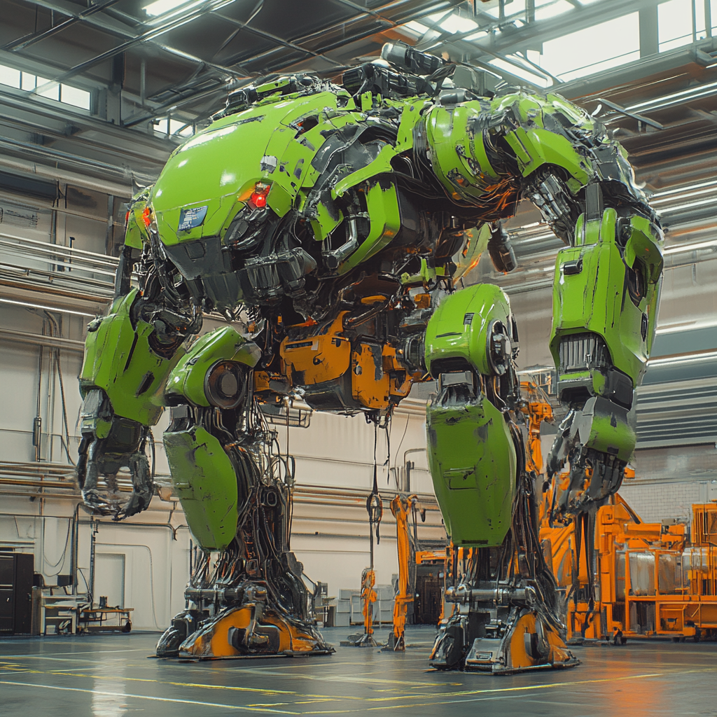 Futuristic green mech getting ready for launch