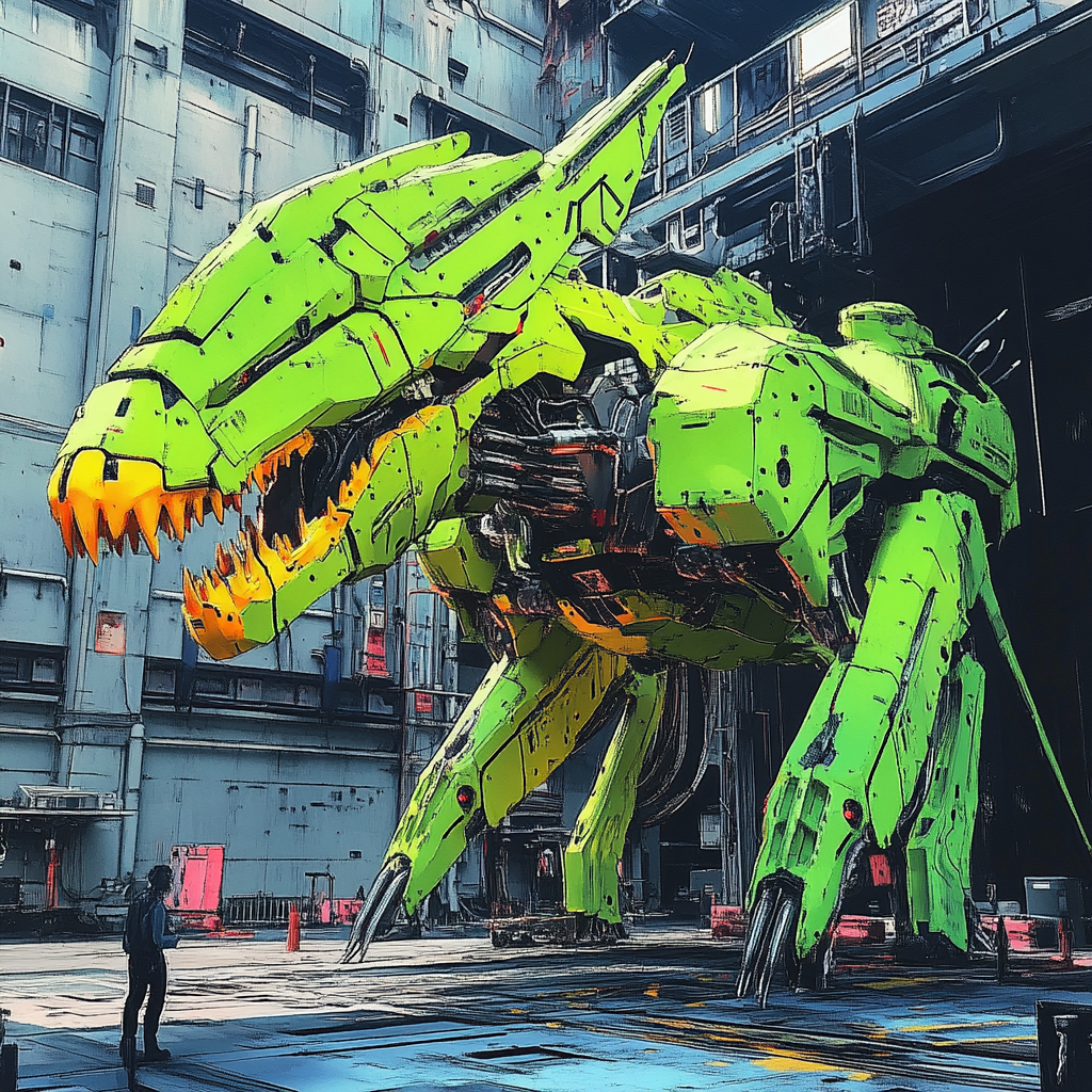 Futuristic green mech with dinosaur head launching