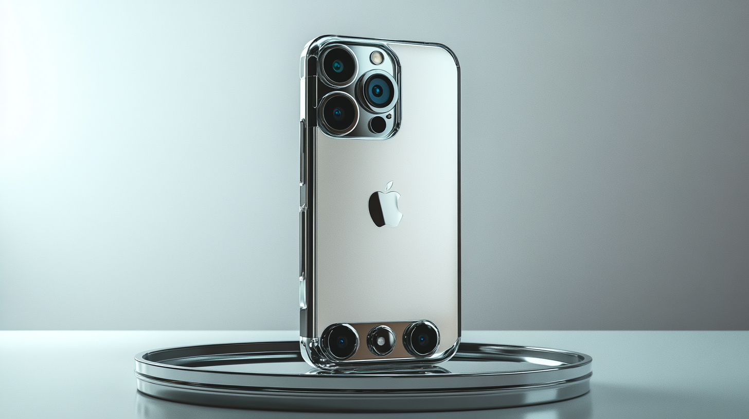 Futuristic iPhone with 4 camera lenses on tray