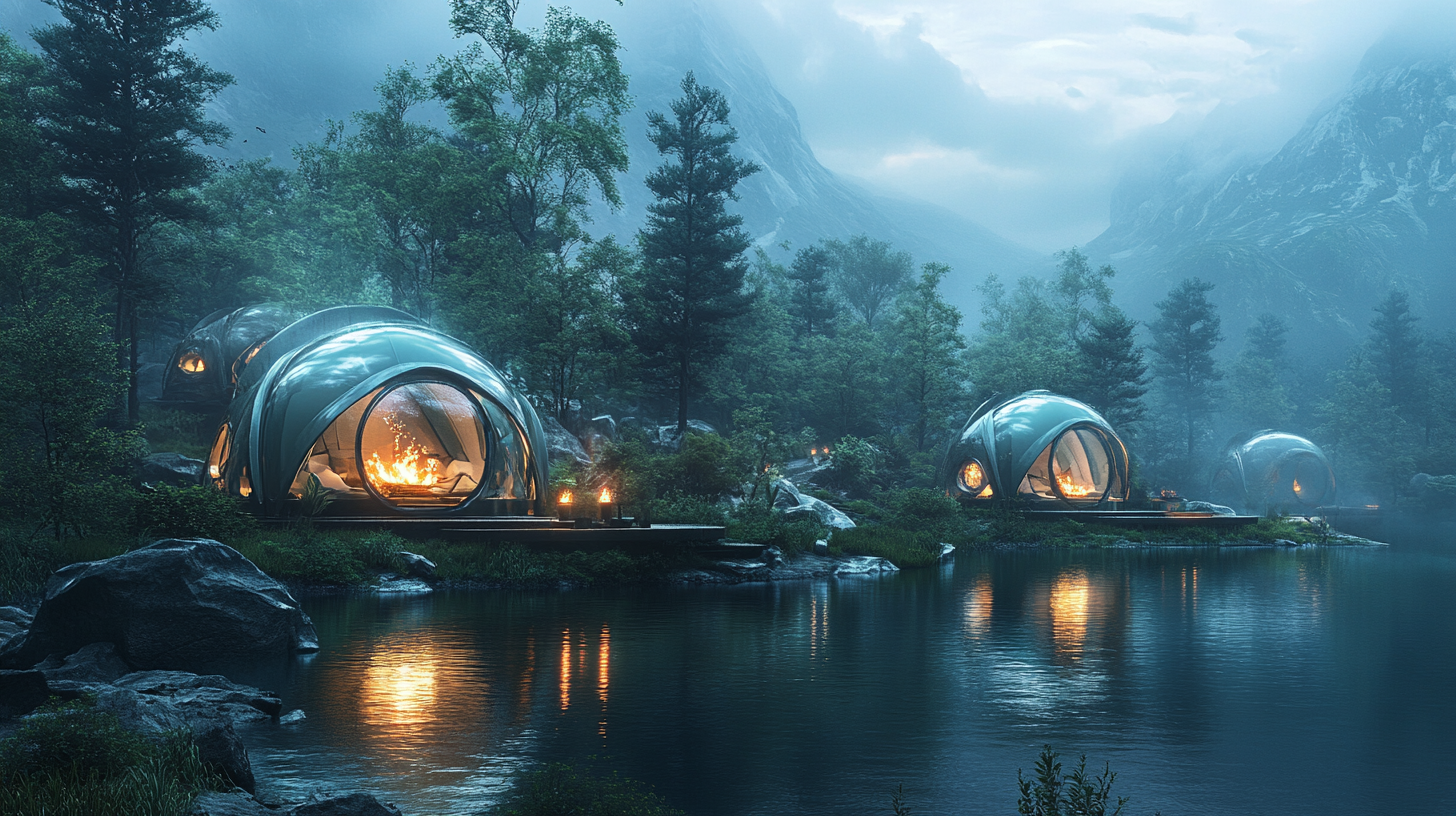 Futuristic lakeside campsite with holographic fire and tents