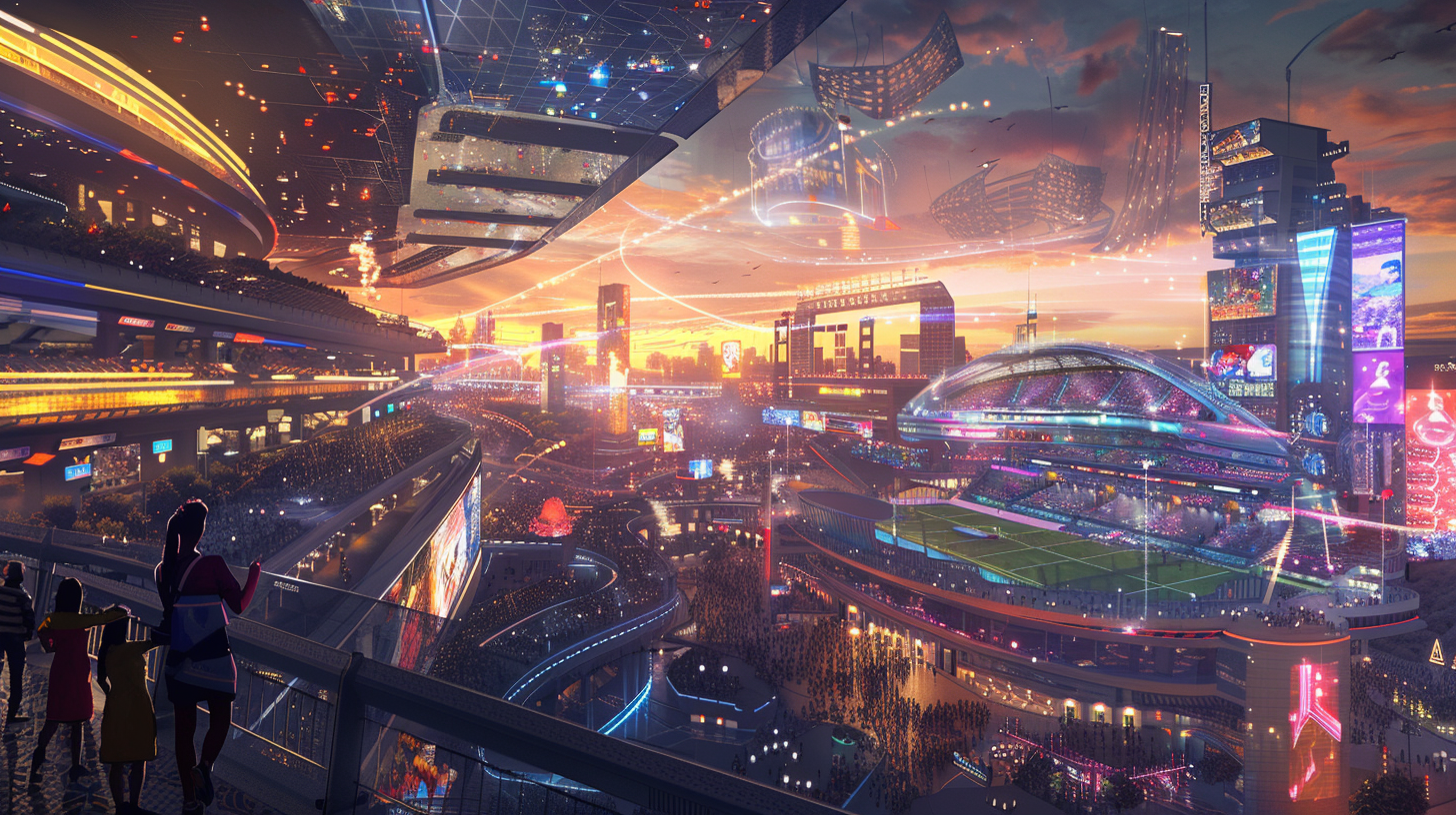 Futuristic landscape with vibrant buildings and electronic sports games.