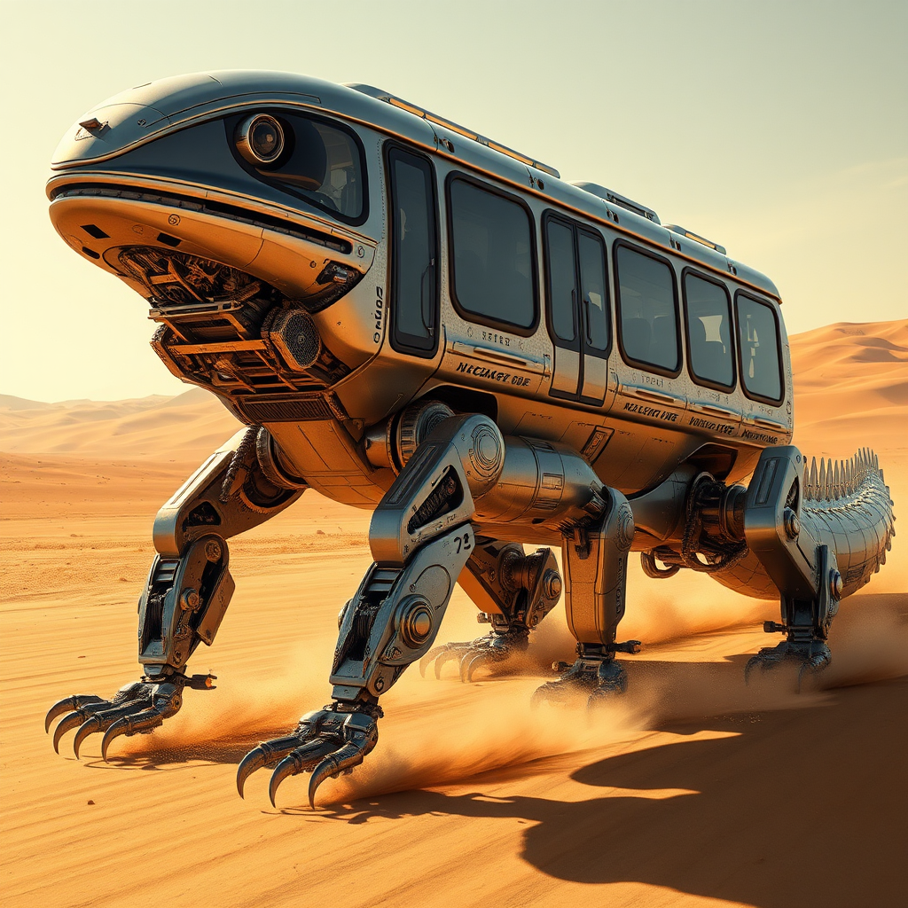 Futuristic metal lizard bus moves in desert.