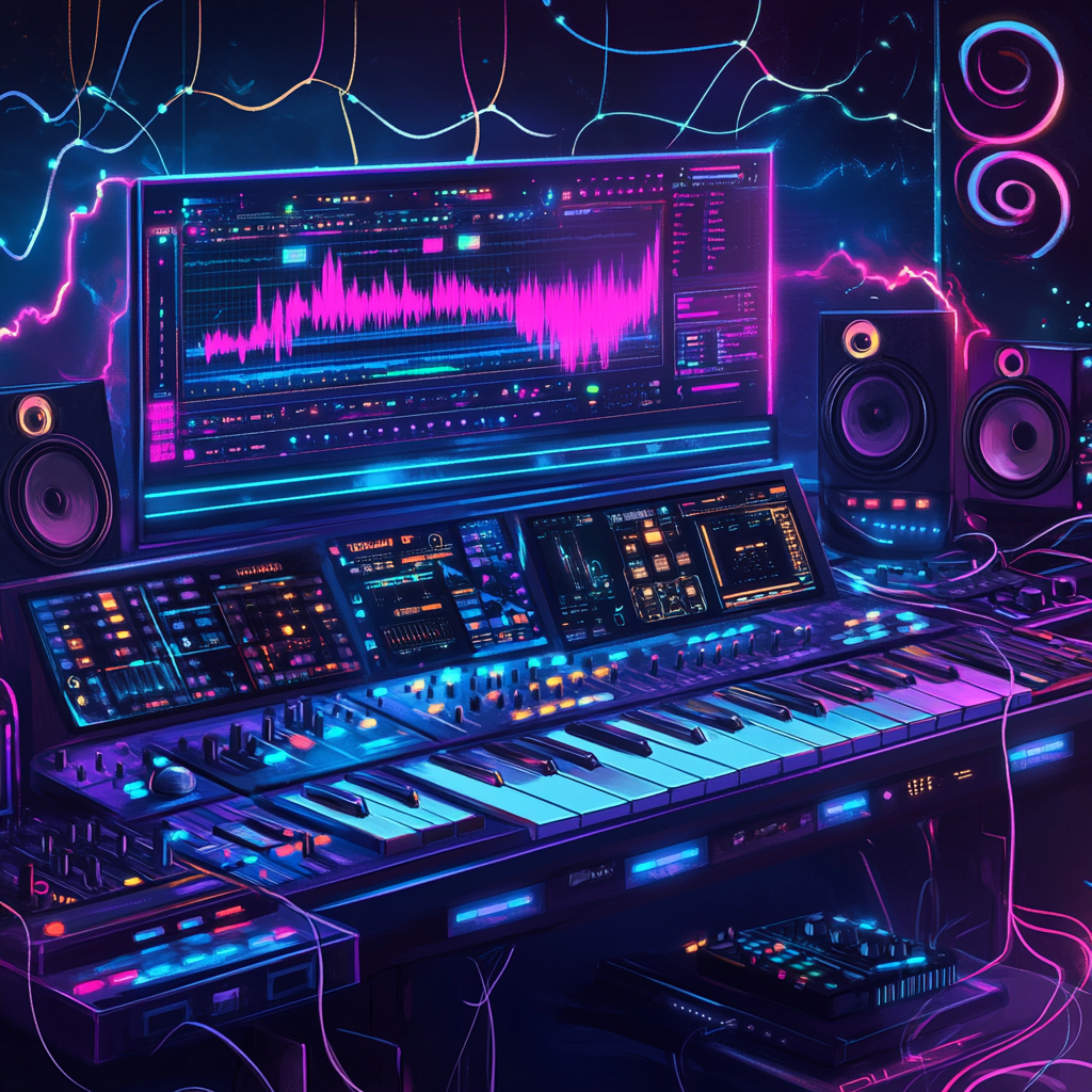 Futuristic music studio with glowing soundwaves and equipment.