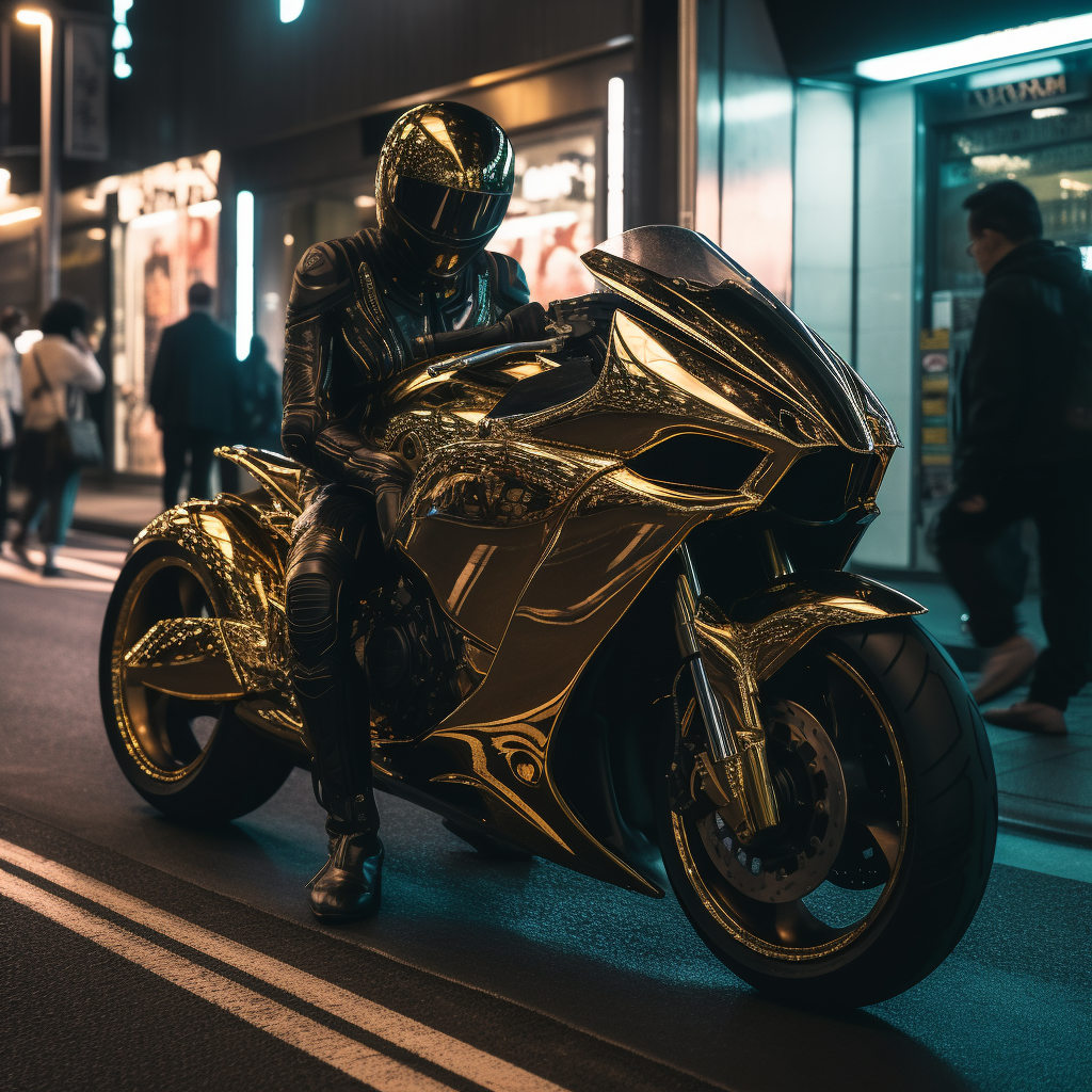 Futuristic neon motorcycle with gold armor body in Tokyo.