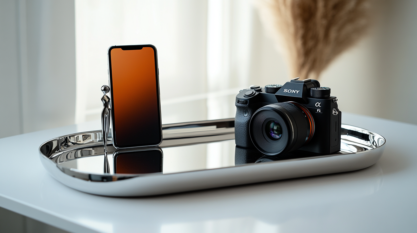 Futuristic phone and camera on silver tray