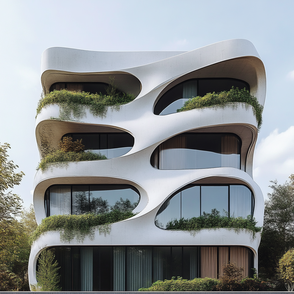 Futuristic rectangular building with organic-inspired white facade