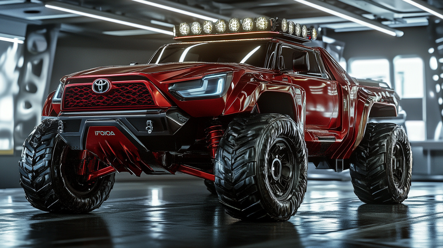 Futuristic red Toyota off-road truck in industrial garage