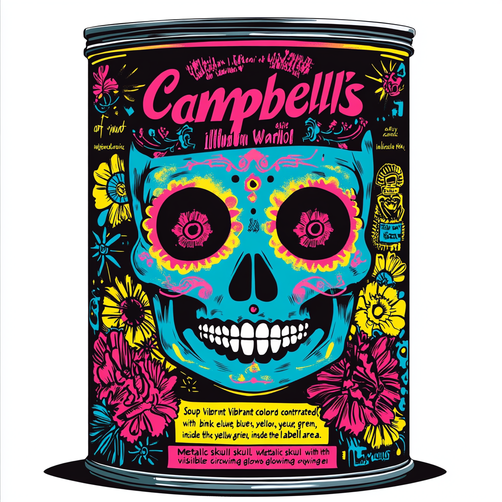 Futuristic robotic Catrina in colorful soup can art