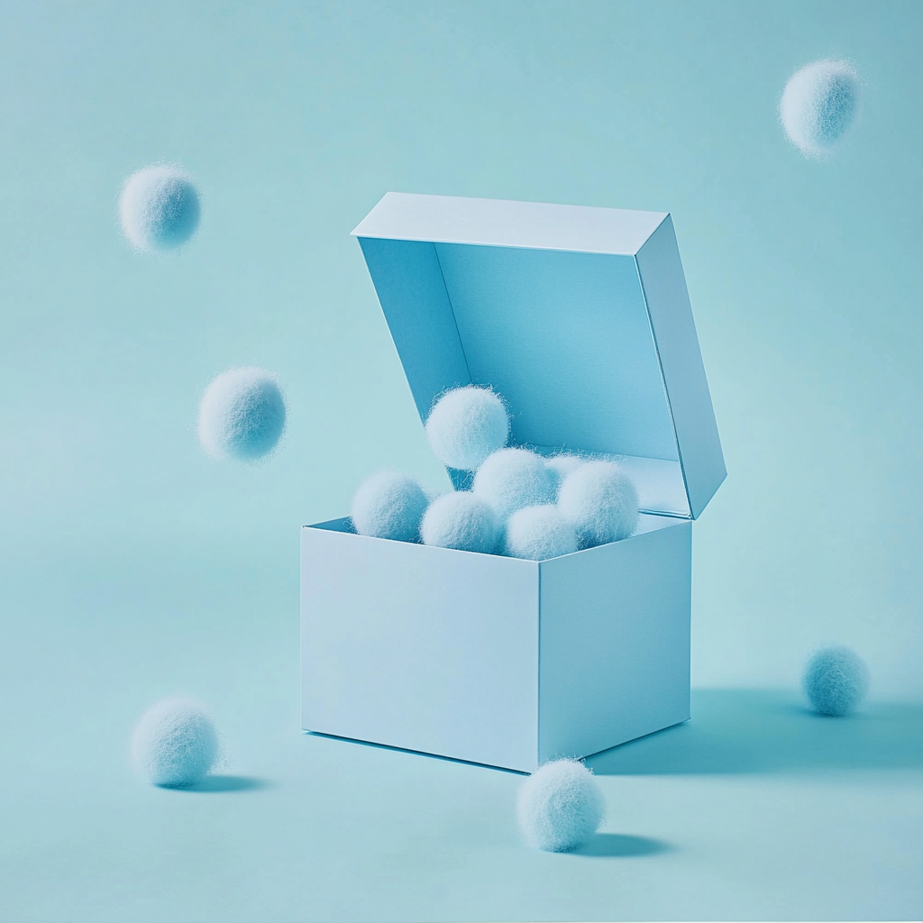 Fuzzy Tennis Balls Bouncing from Baby Blue Gift Box