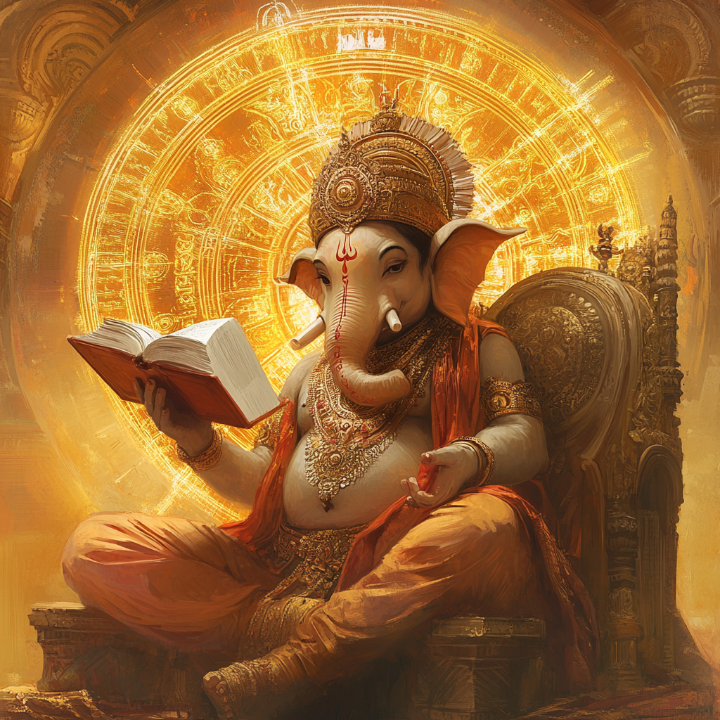 Ganesha Holding Open Book Next to Mandala Clock