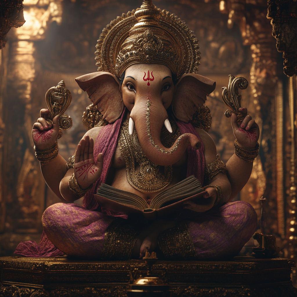 Ganesha sitting with four hands holding lotus, book.