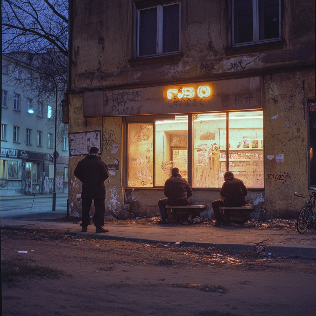 Gang members in 1990s Lodz neighborhood reminiscing at night.