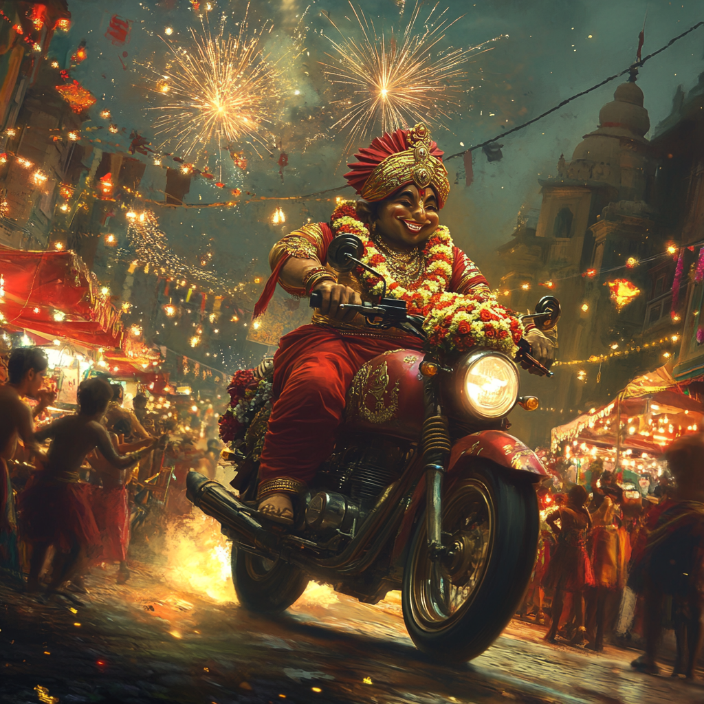 Ganpati Bappa rides festive motorcycle in decorated street.