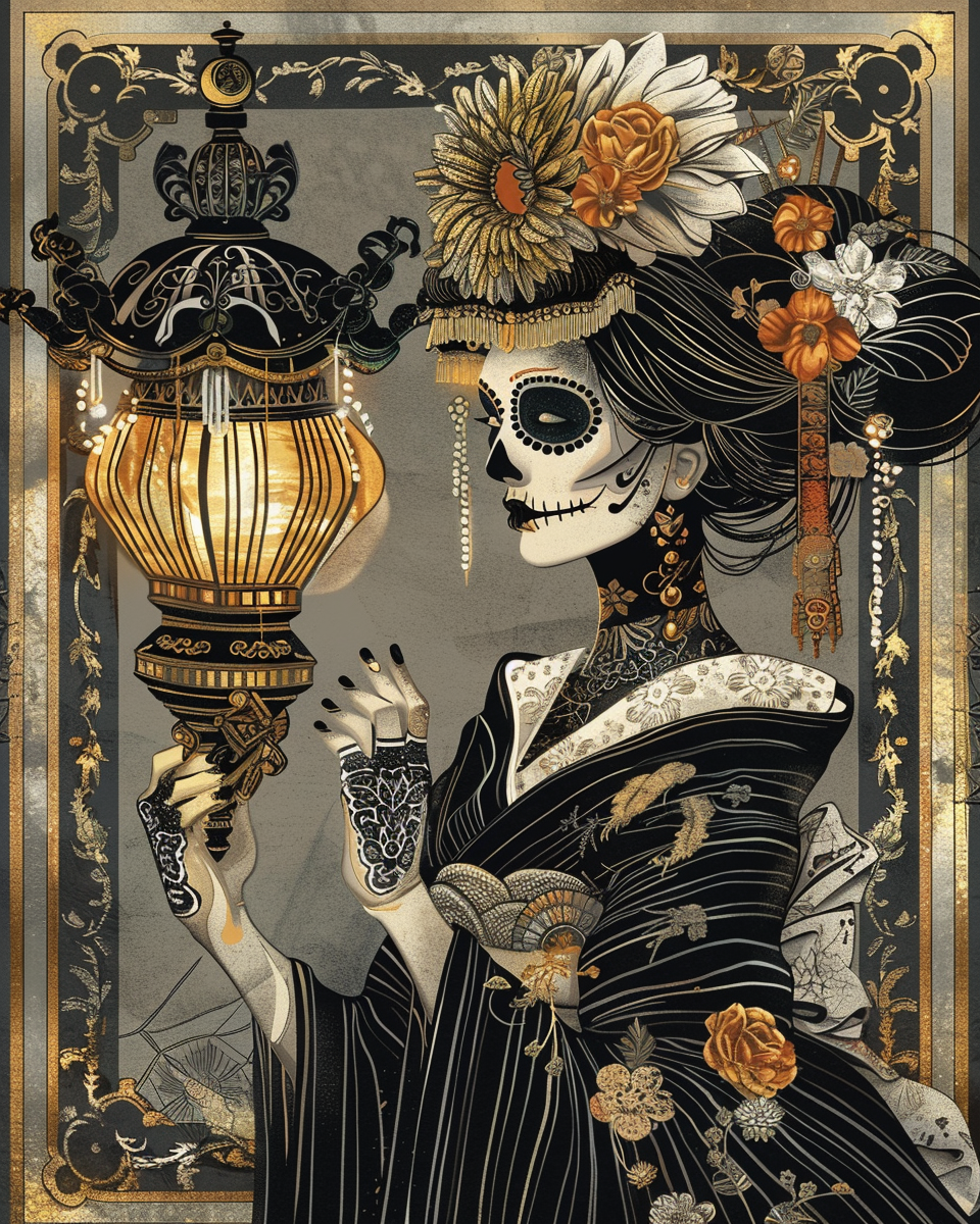 Geisha catrina in ornate outfit with Japanese lamp